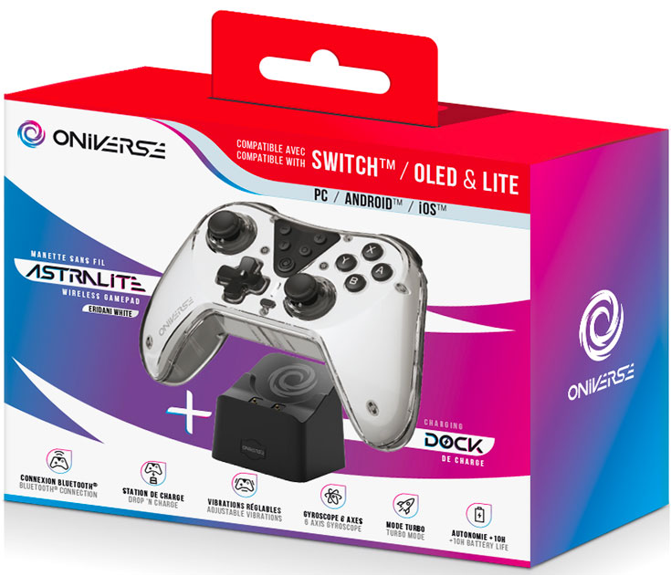 ONIVERSE - Pack Manette ASTRALITE Eridani White + station de charge - Sans fil Bluetooth pour Nintendo Switch / PC / IOS / Android