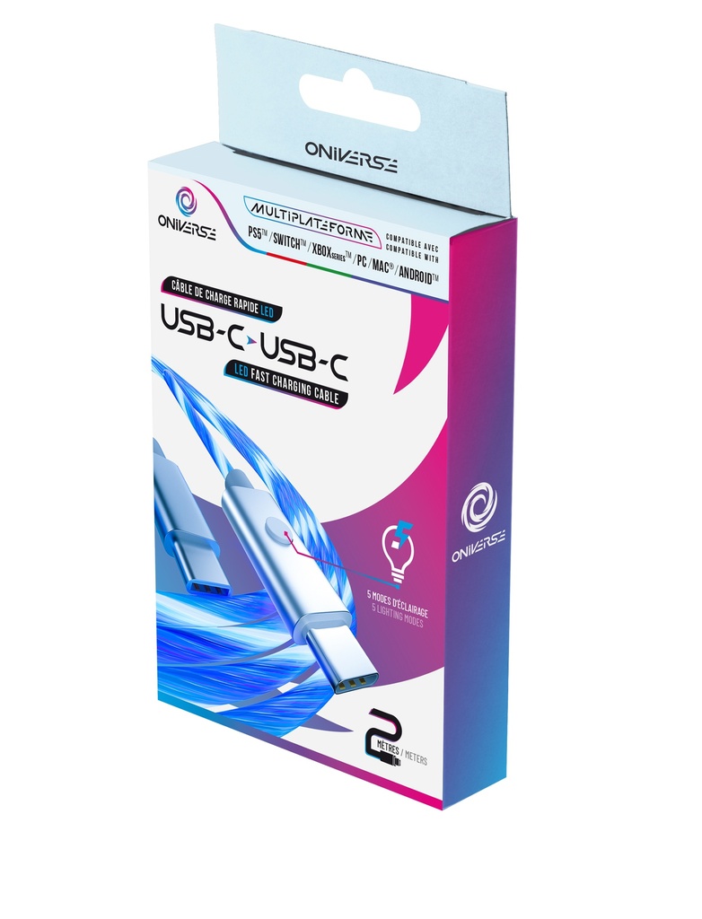 ONIVERSE - Câble de charge rapide USB-C vers USB Type-C - 2 mètres - LED 