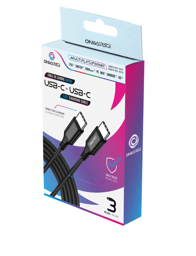 ONIVERSE - Câble de charge USB-C vers USB-C - 3 mètres - Noir