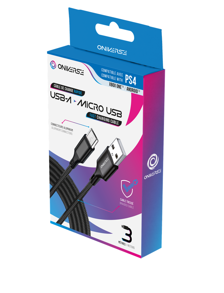 ONIVERSE - Câble de charge USB-A vers Micro-USB - 3 mètres - Noir