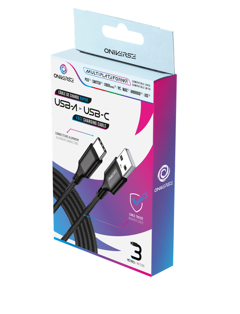 ONIVERSE - Câble de charge USB-A vers USB-C - 3 mètres - Noir