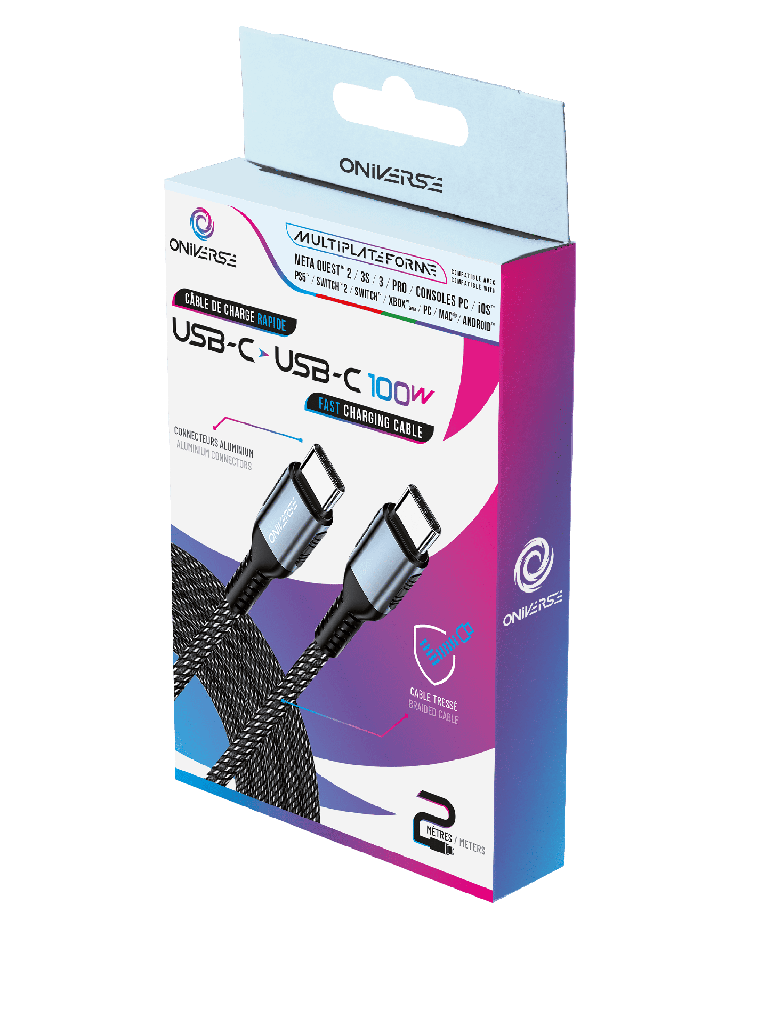 ONIVERSE - Câble de charge rapide 100W USB-C vers USB-C - 2 mètres - Noir