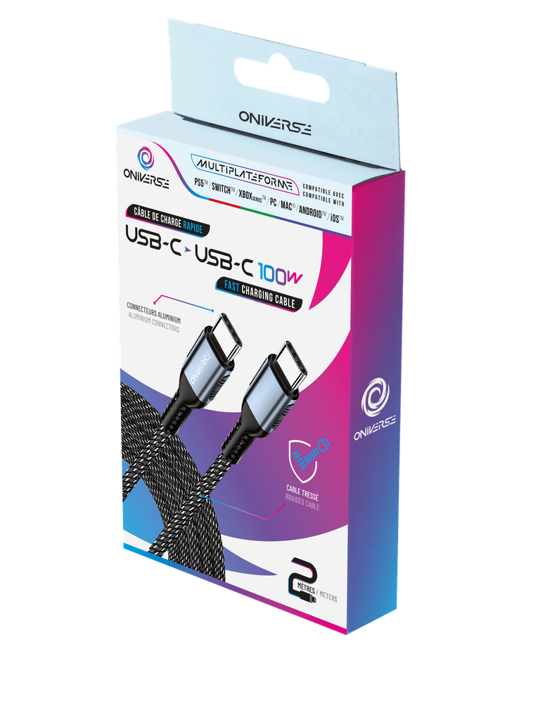 ONIVERSE - Câble de charge rapide 100W USB-C vers USB-C - 2 mètres - Noir